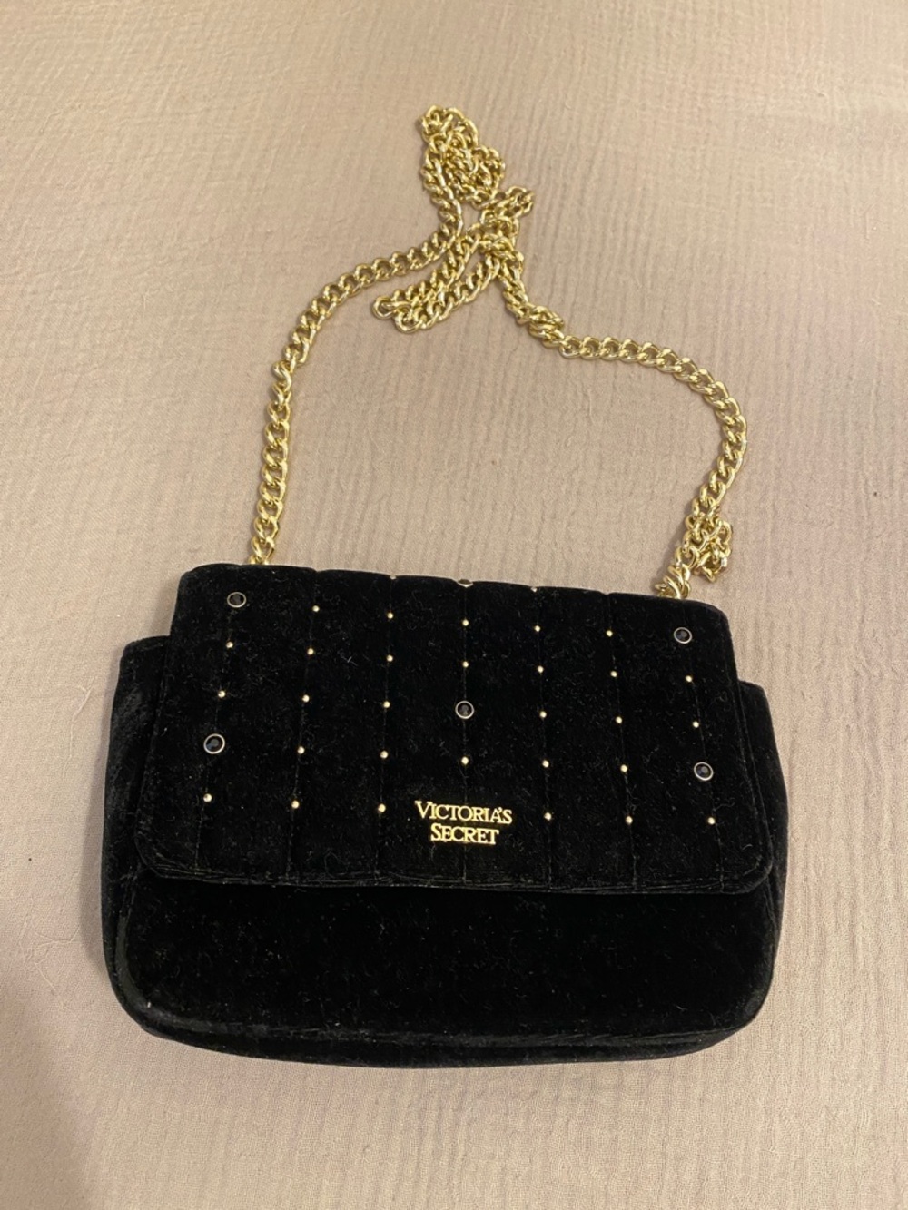 Victoria's Secret Black Velvet Crossbody with Gold Chain.